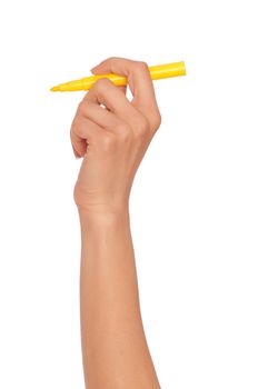 businesswoman drawing scheme with yellow felt-tip pen