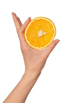 Slice of a fresh Sicilian orange in the hand
