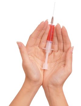 Woman use syringe with a new synthetic hard drugs mixed with blood for escape from reality