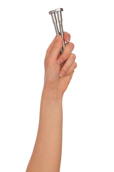 woman holding two big bolts in the hand