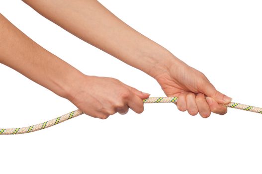 woman holding a rope with his last strength to survive