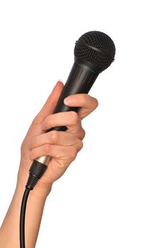 woman holding big black microphone for singing