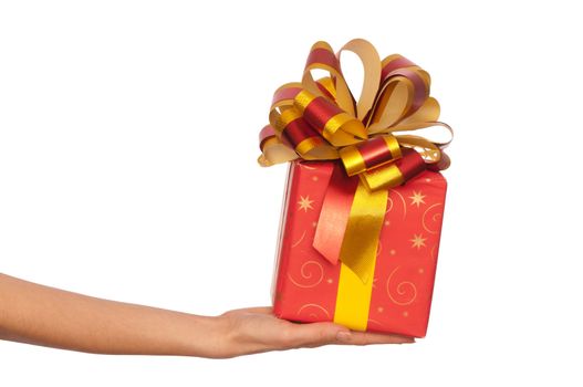 woman giving a red box with yellow bow as a gift