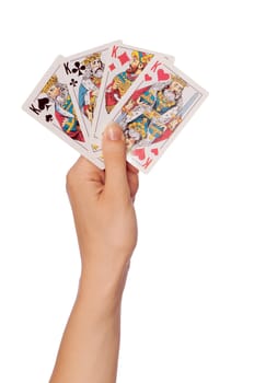The girl keeps in a hand cards in casino for win