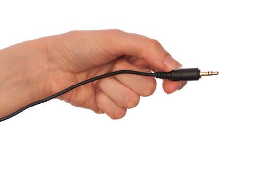 woman taking audio jack in the hand