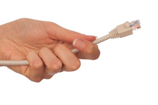 woman holding LAN cord in the hand
