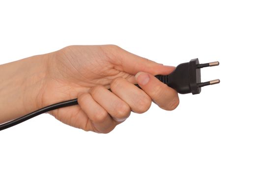 woman holding black outlet in the hand