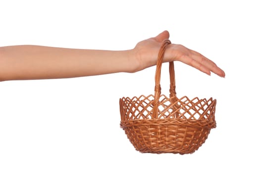 one brown empty basket for fruit on woman's hand