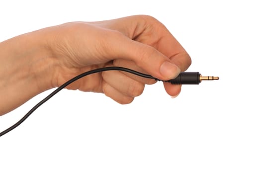 woman taking audio jack in the hand