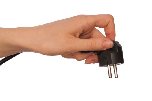 woman holding black outlet in the hand