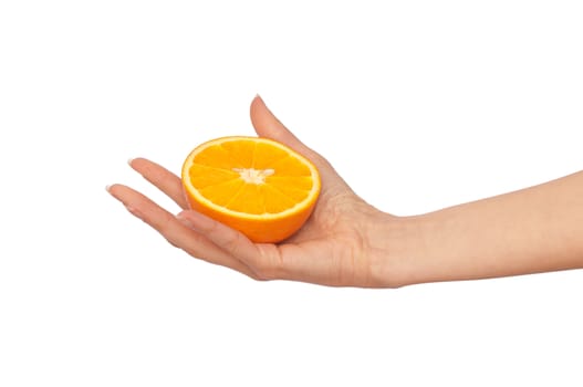 Slice of a fresh Sicilian orange in the hand