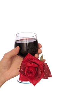 woman take red rose and glass with red wine