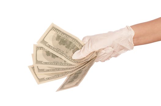 doctor take of fake dollars in the hand