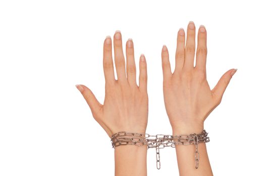 Woman bounded metal chains as a punishment and dependence symbol