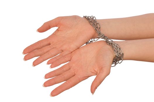 Woman bounded metal chains as a symbol of punishment