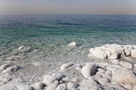 salt precipitated on the coast of dead sea in jordan