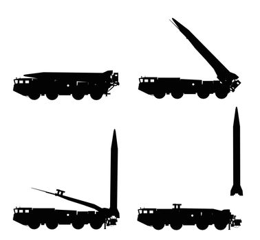 Scud missile launcher detailed silhouettes set. Vector eps8
