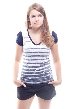 Portrait of a girl in a striped shirt and shorts in studio photography