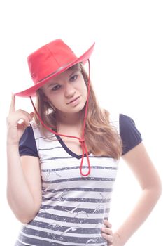 Portrait of a girl in a red hat studio photography