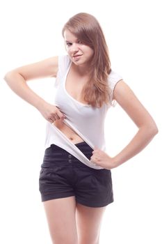 Girl vomits on his t-shirt studio photography