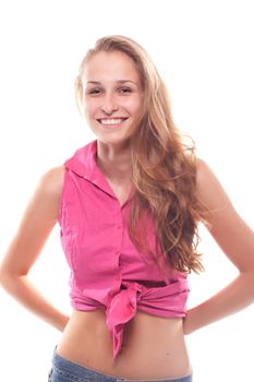 portrait of a beautiful girl in a pink shirt tied at the abdomen studio shot