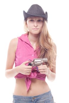 portrait of a beautiful girl with a gun shooting studio