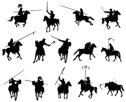 Knights and medieval warriors on horseback detailed silhouettes set. Vector