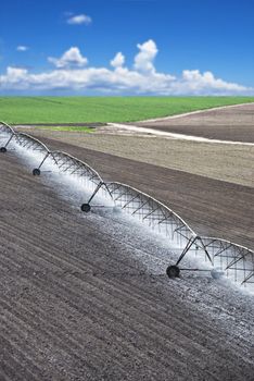 Farm field with modern irrigation system water a newly planted field