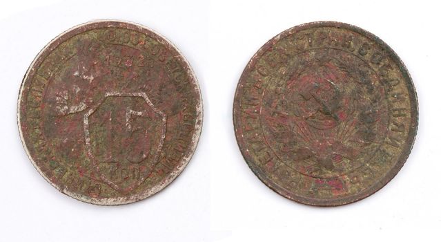 Old Soviet money isolated. 15 Kopeks coin 1932