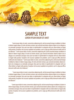 yellow autumn leaves and pine cones frame with space for your text