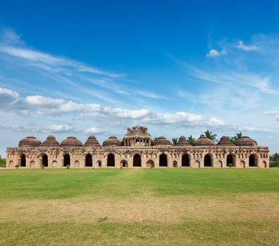 Ancient ruins of Elephant Stables, Royal Centre. Hampi, Karnataka, India. Stitched panorama