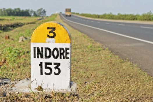 Horizontal capture of 153 kilometers to Indore Milestone on the National Highway 3 from Mumbai to Indore, the Agra Road, India