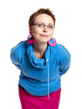 Young woman makes funny face. Isolated on white. Studio shot.
