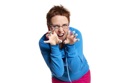 Young woman makes funny face. Isolated on white. Studio shot.
