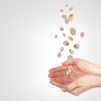 Human hand holding money on white background