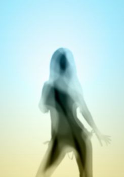 Image with a blurred female silhouette against colour background