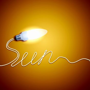 Illustration of an electric light bulb with a word Sun. Conceptual illustration