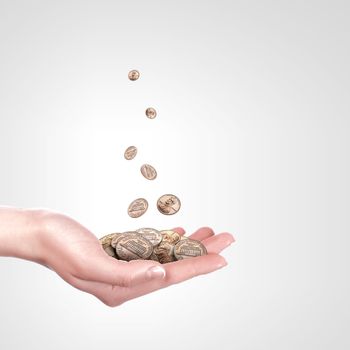 Human hand holding money on white background