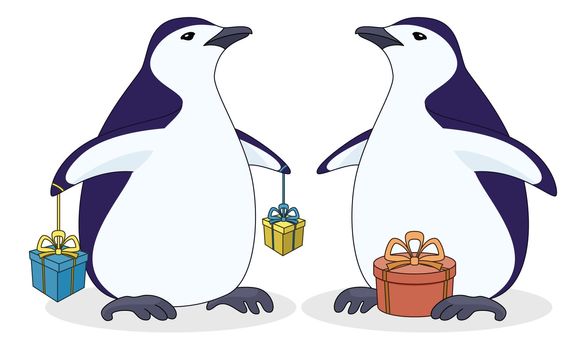 Cartoon antarctic penguin with holiday gift boxes