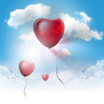 Three balloons in the form of heart flying on the background of the clear sky.