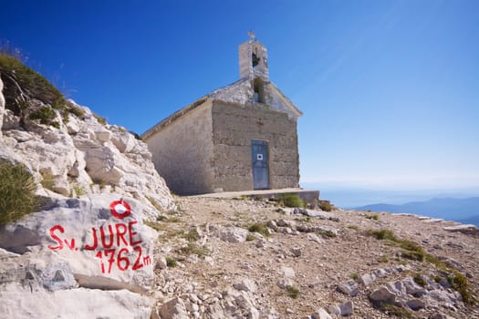 Christian chapel on Sveti Jure, highest mountain of Biokovo nature park on Makarska Riviera in Croatia