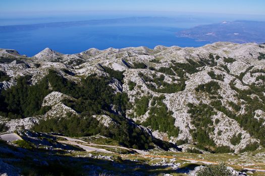 Picturesque mountain range in Nature Park Biokovo on Dalmatian coast near Makarska Riviera in Croatia