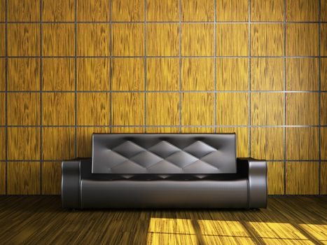 Black leather sofa near the wooden wall