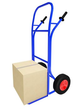 The blue pushcart  with big cardboard box