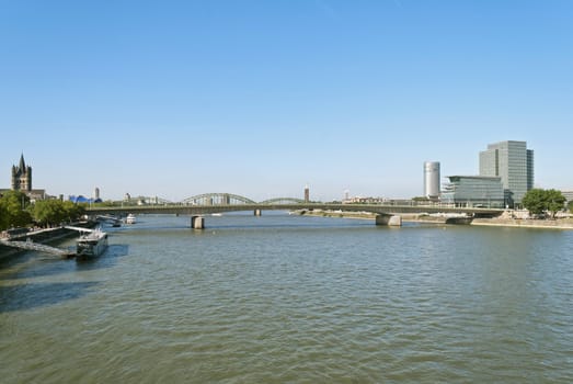 View on the river Rhine and Deutzer Bridge in the center of Cologne, Germany