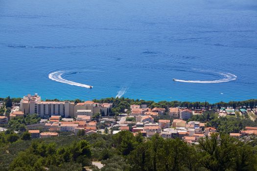 Bird's eye view of popular holiday resort Tucepi on Dalmatian coast in Croatia