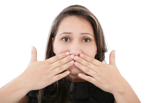 Beautiful young woman covering the face with her hands, isolated on a white background