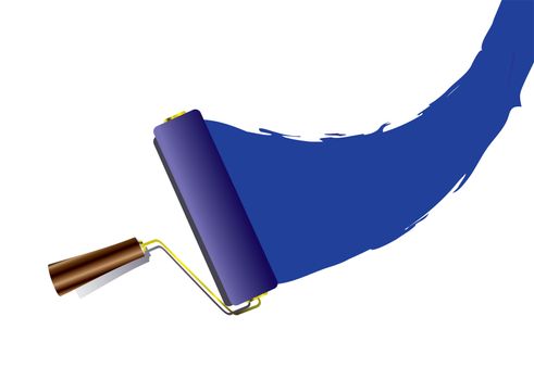 Blue paint swoosh or splat with roller with handle and shadow