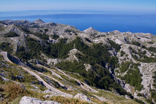 Hilltop panorama of picturesque nature park Biokovo on Dalmatian coast near Makarska Riviera in Croatia