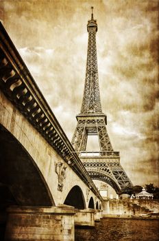 Eiffel tower vintage retro view from Seine river, Paris, France